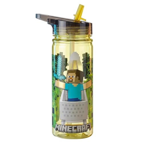 Minecraft 580ml BPA-Free Kids Water Bottle with Flip Straw Lid Officially Licensed Leakproof Reusable Drink Bottle for School Sports & Travel featuring Steve and Creepers