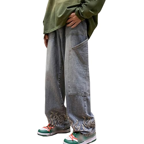 Men Vintage Street Baggy Jeans Flame Embroideried High