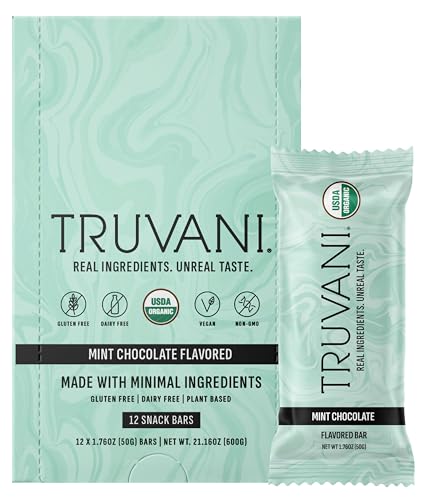 Truvani Plant Based Snack Bars | Chocolate Mint 12 Pack | 7g Protein | USDA Organic and Vegan | The Only Bar | Dairy, Soy, and Gluten Free | Individually Wrapped
