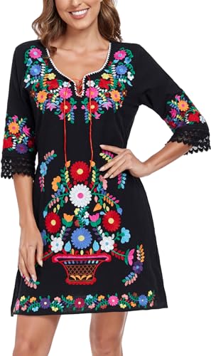 YZXDORWJ Women Mexican Embroidered Fiesta Dress V Neck Dress Short Sleeve2
