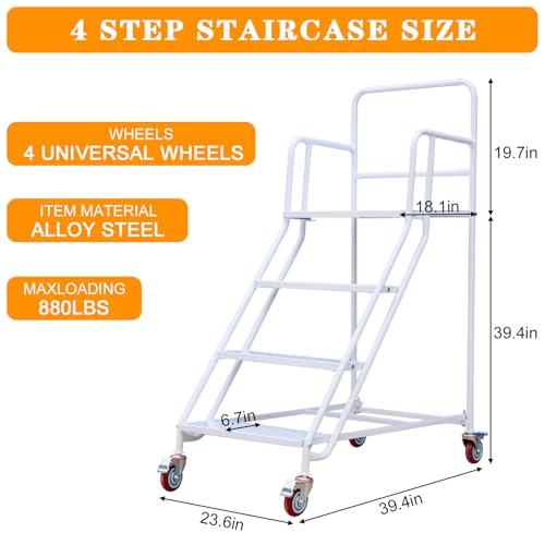 Image of 4 Step Rolling Ladder - Mobile Rolling Stairs with Wheels, Heavy Duty Industrial Safety Non-Slip Metal Rolling Ladders, 880lbs Capacity, for Warehouse, Garage, Supermarket