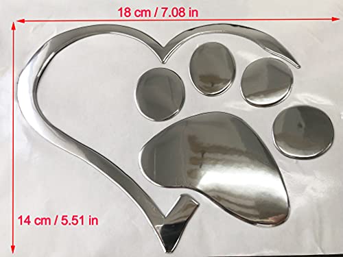 NewL 3D-Aufkleber mit Pfotenabdruckmotiv, Chrom, Pfirsich-Herz, Auto-Emblem, Dekoration (Silber)