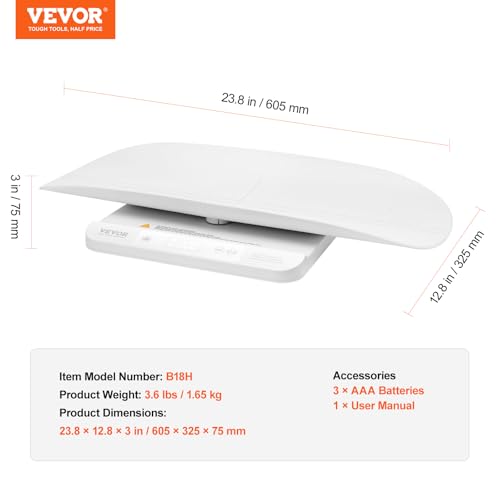 Image of VEVOR Baby Scale, 2-in-1 Infant Weight Scale with Detachable Tray, Digital Baby Scale for Weighing with Hold & Tare Function, 5 Units for Babies, Toddler, Pet, 66LBS Capacity (3 x Battery Included)