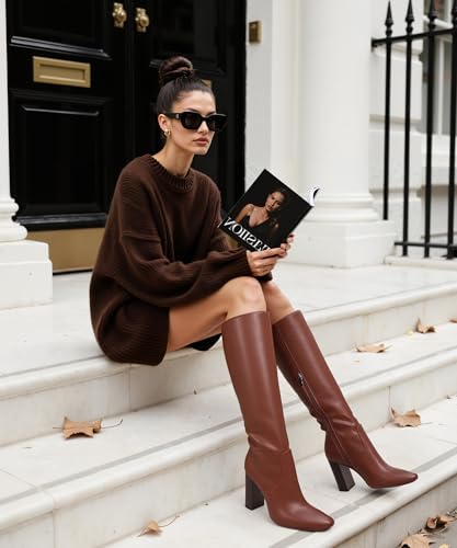 Image of Women's Knee High Boots, Comfortable Square Toe Faux Leather Boot Fashion Long Tall Boots for Riding Chunky High Heeled Dress /Casual Boot