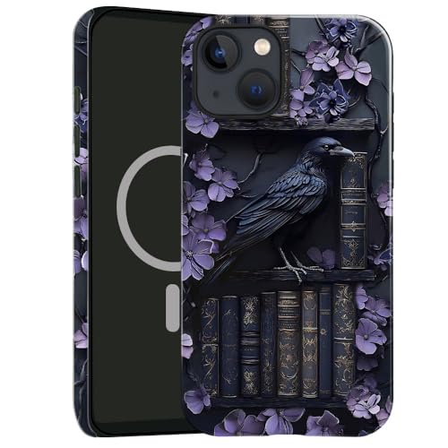 TnXee Case Compatible with iPhone 15 Plus,Compatible with MagSafe,Glossy Fall Prevention Hybrid 2-Layer Hard Shell Cases for Girls Boys,Purple Floral Crow Bookshelf