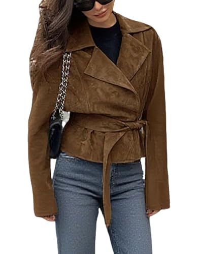 CHARTOU Faux Suede Leather Jacket 2025 Vintage Casual Cropped Wrap Coat with Belt