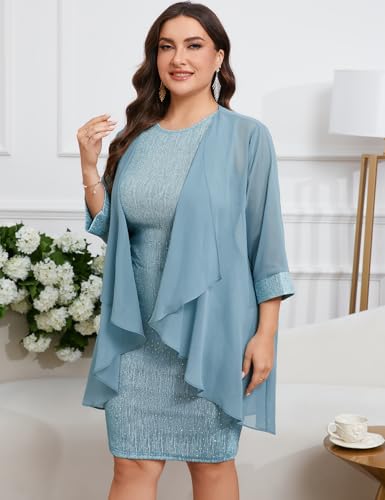 Image of ZOMVA Plus Size Sparkly Formal Dress Suit 2 Piece Mother of The Bride Groom Chiffon Jacket Outfit Cocktail Evening