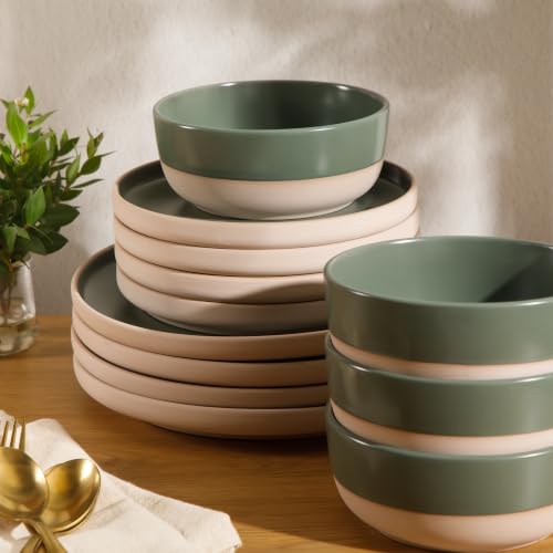 Image of Gibson Home Plates and Bowls Set, 12 Piece Dinnerware Set for 4, Green