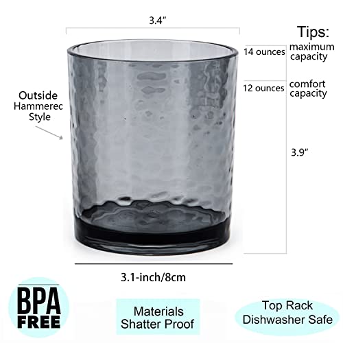 KX-WARE 14-ounce and 20-ounce Acrylic Glasses Plastic Tumbler, set of 8 Smoky Grey - Hammered Style, Dishwasher Safe, BPA Free - Thumbnail 2