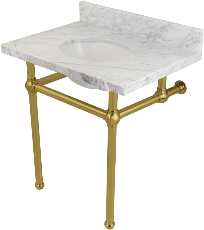 Fauceture KVPB3030MB7 Templeton Carrara Marble Bathroom Console Vanity with Brass Pedestal, Carrara Marble/Brushed Brass