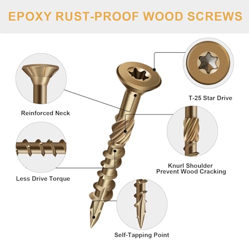 Image of Deck Screws 1-1 /2 Inch, Wood Screws #8x1-1 /2 inch, 140 Pcs Golden Brown | Rust Resistant Epoxy Coated, Outdoor Wood Screws, Torx Screws Exterior Fence Screws, T25 Star Bit Included 1 lbs