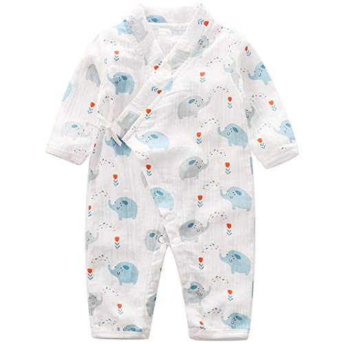 PURMUME Newborn Kimono Robe Cotton Yarn Bodysuit Romper Baby Infant Japanese Pajamas (0-3M, Elephant)