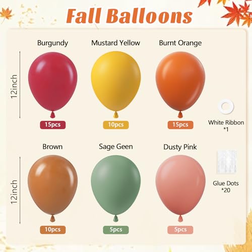 Image of 60pcs Fall Balloons, Thanksgiving Balloons 12inch with Burgundy Brown Sage Green Burnt Orange Mustard Yellow Dusty Pink Balloon for Fall Birthday Party Decorations