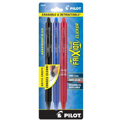 Pilot Frixion Clicker Erasable Gel Pen, Assorted Ink, 3 per Pack (31467), Black/Blue/Red