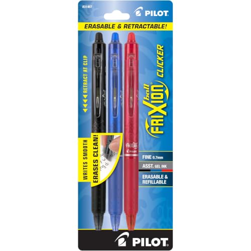 PILOT FriXion Clicker Erasable, Refillable & Retractable Gel Ink Pens, Fine Point, Black/Blue/Red...