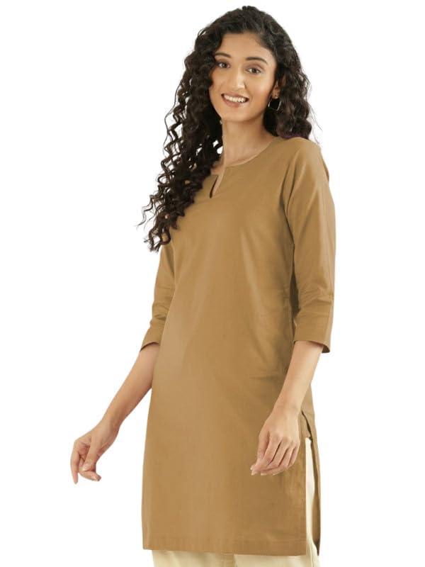 SAADAA Airy Linen Mid Thigh Length Kurta for Women | Stylish Split Neck, 3/4 Sleeves & Side Pockets | Comfortable Everyday Wear Kurta | Breathable Fabric | (Coffee Brown,S)