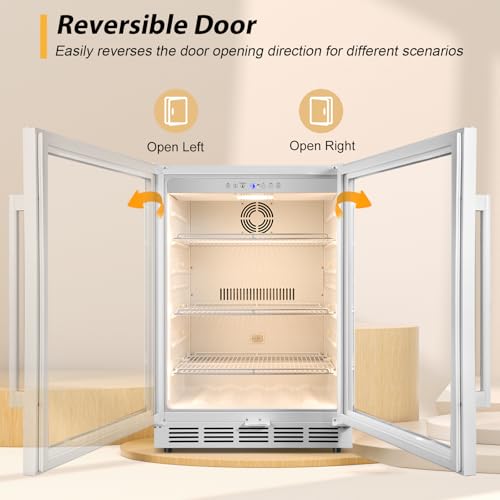 Image of Tylza 24 inch Beverage Refrigerator Glass Door Reversible White | Built-in /free, fast cool, <38dB, temp memory, glass+lock, 37-65F, 190 can