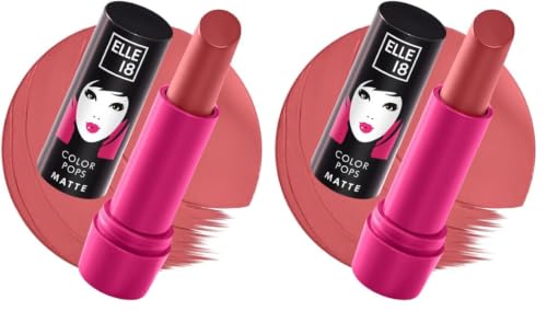 Image of Elle 18 Color Pops Matte Lipstick, Pink Stylist, Moisturising Bullet Matte, with Vitamin E, Highly Pigmented, Infused with Jojoba Oil and Shea Butter | 4.3 g (Pack of 2)