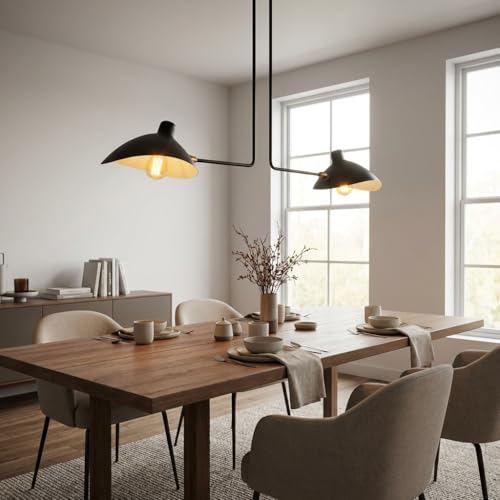 BARCELONA LED Lampada a Sospensione Industriale Nera Vintage in Metallo 2xE27, Grande Lampadario Soffitto Moderno Stile Retrò con Bracci Curvi Orientabili, Sala Pranzo Camera Ufficio
