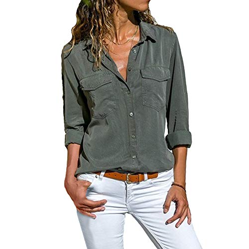 DoubleYI Bluse Damen Langarm Revers Kragen Hemdbluse V Ausschnitt Langarmshirts Blusen Einfarbig Business mit Knopfleiste Hemd Oberteile Elegant Herbst und Mode Sommer T-Shirt Top S-XXXXL (S, GY)