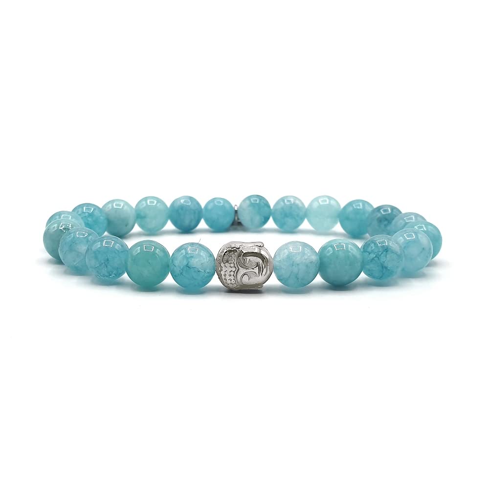 KARDINAL WEIST Silver Buddha Aquamarine Bracelet, Gemstone Beads, Power Stone Jewellery for Men and Women, Chakra - Lucky Charm - Friendship (XXL+, Blanco)