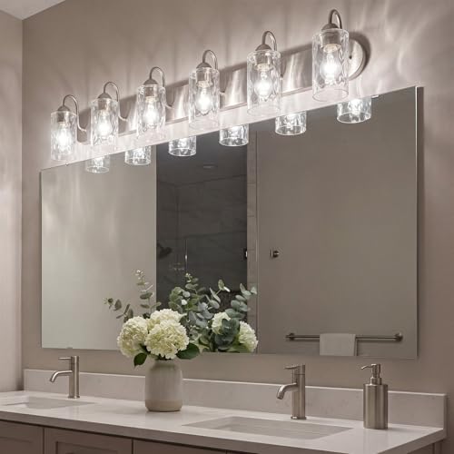 Image of Kira Home Armada II 48 inch 6-Light Modern Over Mirror Vanity /Bathroom Light, Hammered Glass Shades, Traditional Curved Arms, Brushed Nickel Finish, Pack of 2