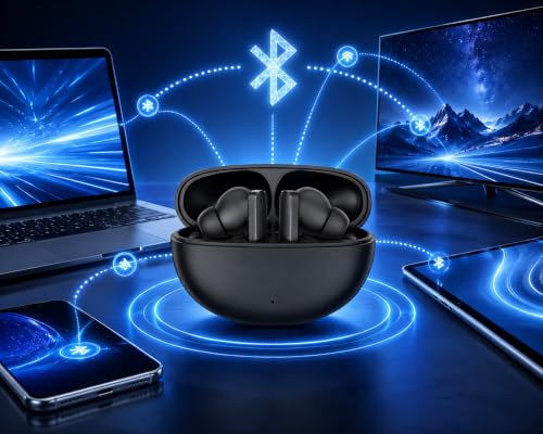 Image of J1 Air Buds Bluetooth 5.4 Truly Wireless Earbuds with 36 Hours Playtime, Deep Bass Sound, Touch Controls, Fast Pairing, HD Calling, Sweat Resistant TWS Earphones with Charging Case (Black)