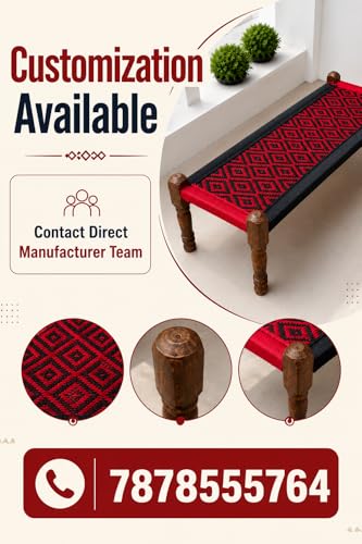 Image of Handwoven Wooden Bench | Traditional Rope Charpai Stool | Solid Wood Frame Seating for Living Room, Balcony & Outdoor | Durable & Stylish Design (Black & Red Finish)