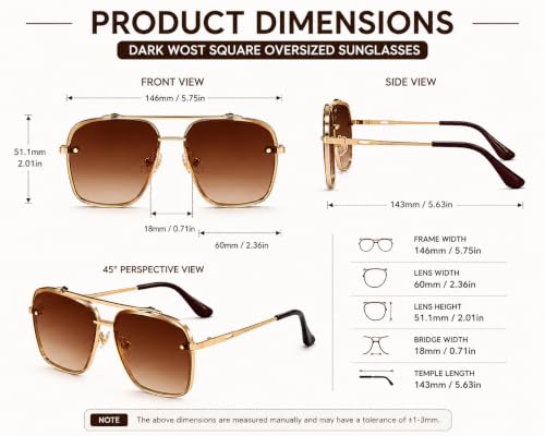 Image of Square Oversized Sunglasses for Men & Women | UV400 Protected Fashion Retro Metal Frame Sunglasses | Vintage Gradient Lens Stylish Eyewear for Driving, Travel & Outdoor