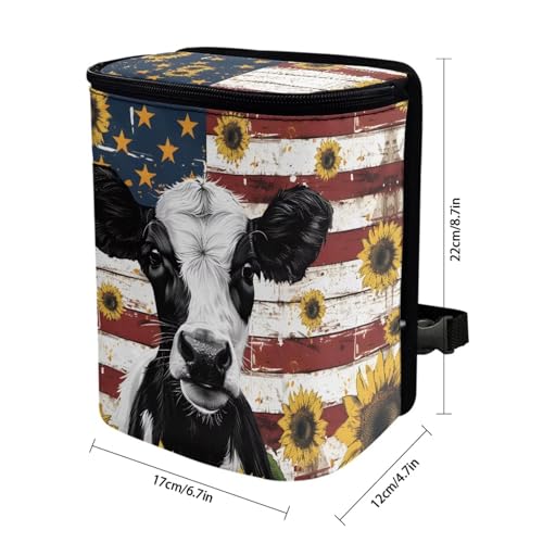 Image of Talayituse Cow Sunflower American Flag Print Car Trash Can with Adjustable Straps, Foldable Car Trash Bag Bin Car Garbage Bag Multipurpose Storage Box for Vehicle Travel Camping Picnicing