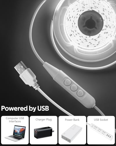 Aclorol 5V USB COB LED Strip 3M 8mm Width Flexible LED TV Backlights Daylight White 6000K COB LED Tape Light Ultar-Bright for Under Cabinet Wardrobe Living Room DIY Lighting Project 320LEDs/M - Image 2