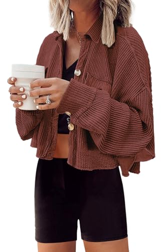 Image of Panadila Women's Cropped Waffle Knit Shacket Short Button Down Jacket Batwing Sleeve Shirts with Pocket