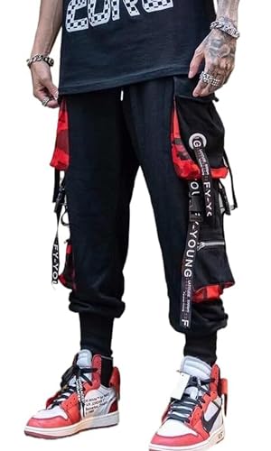 Ambcol Men's Jogger Pants Punk Cargo Baggy Techwear Hip Hop Harem Pants Streetwear Tactical Track Pants (Black,Large)