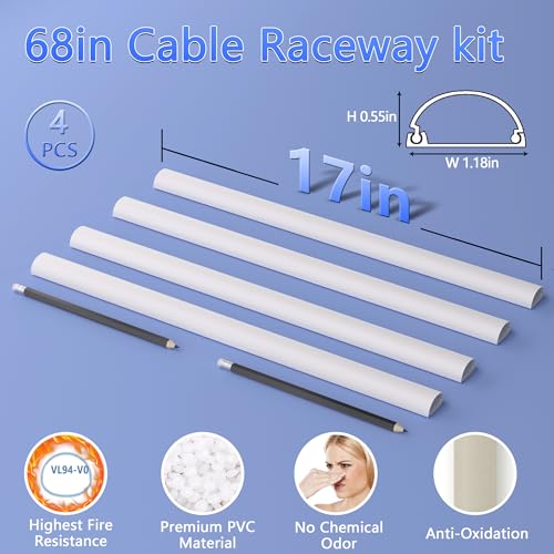 Image of ZhiYo 68in Cord Hider for 2-3 Wall-Mounted TV Wires, 1.2 inchW x 0.55 inchH, White