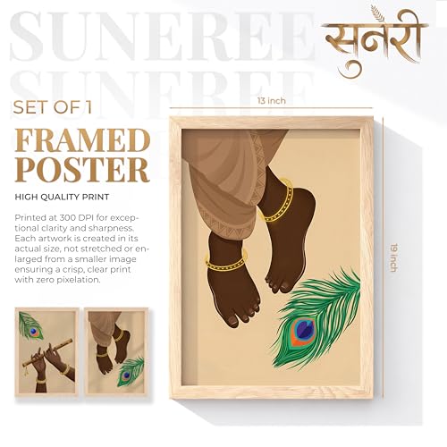 Image of Suneree Krishna Flute Hands Charan Feet Wall Art Painting | Set of 2 Framed Paintings | Spiritual Decor for Living Room Mandir Pooja Room Bedroom | (ART 6, 13x19 INCHES)