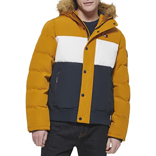Image of Tommy Hilfiger Men's Arctic Cloth Quilted Snorkel Bomber Jacket Parka, Yellow Gold, XL