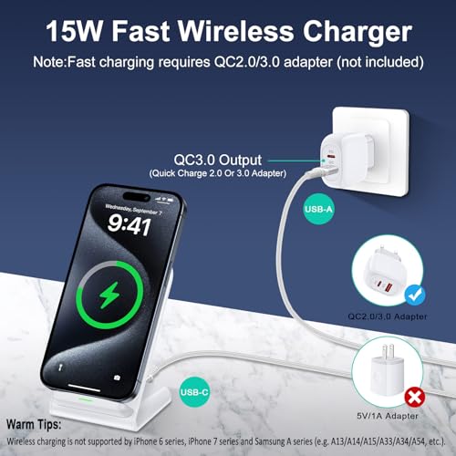 Wireless Charger, 15W Induktive Ladestation Handy Ständer, Schnelles Kabelloses Ladegerät für Samsung Galaxy S24 Ultra/S23/S22/S21/S20/S9/S8/Note 21/20/10, iPhone 15/14/13/12/11, Google Pixel 8/7/6/5 – Bild 3