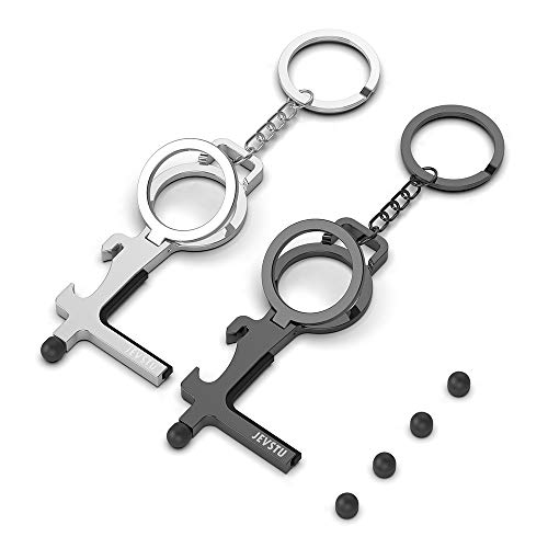 JEVSTU No Touch Door Opener Tool with Phone Ring Holder and Anti-Slip Tape, Updated Multifunctional Portable Anti Touch Door Opener Tool with Silicone Stylus for Touchscreens, Black & Silver