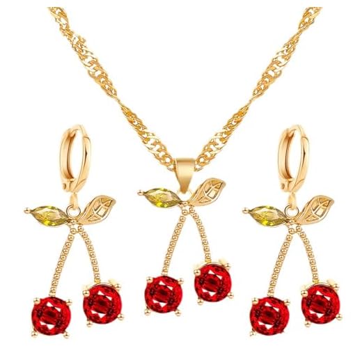 Conjunto de joias de cristal de cereja vermelha banhado a ouro delicado fruta doce folha verde verão frutas tropicais chiques strass zircônia cúbica brincos colar para mulheres casamento noiva dia das