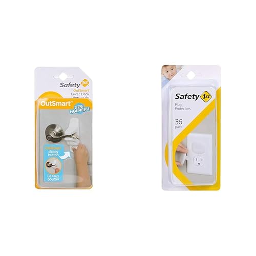 Safety 1st OutSmart Child Proof Door Lever Lock (White), 1 Count (Pack of 1) & Plug Protectors, 36 Count Safety 1st OutSmart Child Proof Door Lever Lock (White), 1 Count (Pack of 1) & Plug Protectors, 36 Count