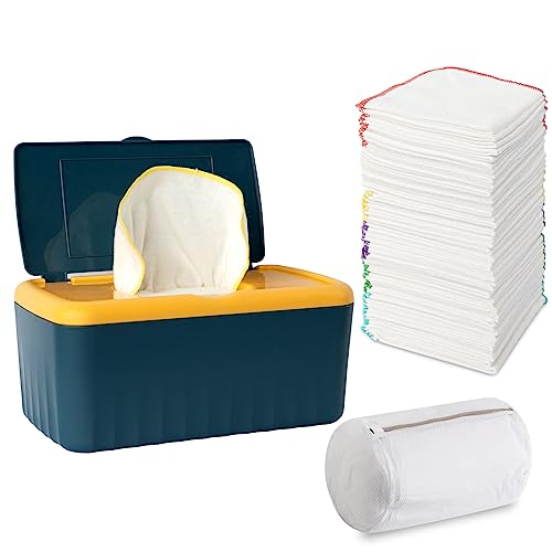 Image of FAMOPLAY 54 Packs Flannel Reusable Baby Wipes with Blue Wipes Dispenser, Reusable & Natural Skin-Friendly Cloth Baby Wipes, Body Face Hand Washcloth Essential for Cloth Diapers