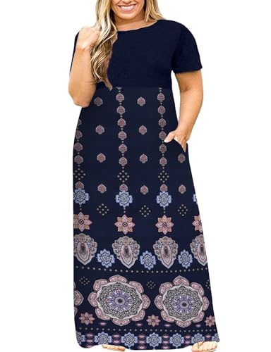 Kancystore Plus Size Bohemian Dress for Women Loose Floral Ethic Vintage Long Maxi Dresses with Pockets XL