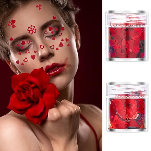 2 Pots Glitter Red Heart Sequins for Valentine's Day Eye Face Body Heart Glitter Holographic Sequins Stickers Mixed Heart Glitter Nail Sparkle for DIY Crafts Nail Art Decor Party Face Body Make Up