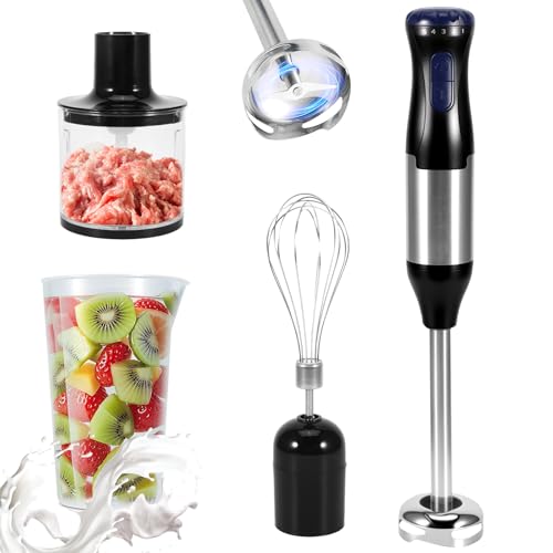 Kinberry 4 in 1 Immersion Blender, 1000W 5 Speed Stainless Steel Hand Blender, Stick Blender, 700ml Measuring Cup, 500ml Food Chopper, Whisk, Milk Frother