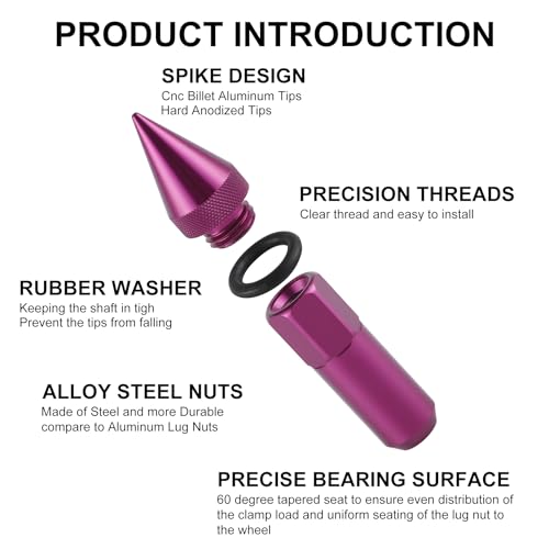Image of SINGARO 20PCS M14X1.5 Wheel Lug Nuts, Cap Spiked Extended Tuner 60mm Aluminum Wheels Rims Lug Nuts (Purple)