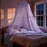 Purple Princess Bed Canopy for Girls with Glowing Stars, Canopy Bed Curtains for Twin, Full, and Queen Sizes; Ceiling Tent for Reading Nooks, Mosquito Net for Indoor Room Decor and Outdoor Use