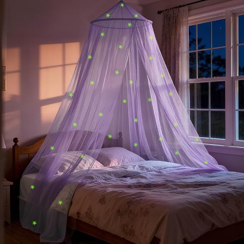 Purple Princess Bed Canopy for Girls with Glowing Stars, Canopy Bed Curtains for Twin, Full, and Queen Sizes; Ceiling Tent for Reading Nooks, Mosquito Net for Indoor Room Decor and Outdoor Use