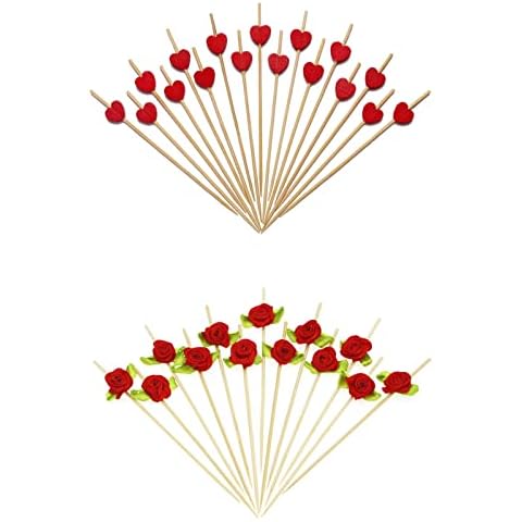 200 counts 4.7 Inch Long Bamboo Fancy Toothpicks for Appetizers, Red Heart Toothpicks and Red Rose Toothpicks - MSL377 Cover