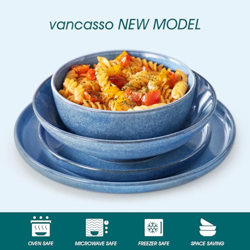 image for vancasso ANYA 24 Pieces Plates and Bowls Set, Blue Dinnerware Sets, Re
