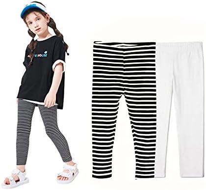 THEE BRON Toddler/Little Girls Basic Cotton Ankle Leggings Pants (2pk-White/Stripe, 3T/Toddler Girl)